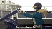 a cartoon of a woman riding a motorcycle with the words permission to open fire above her