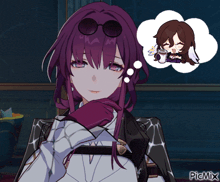 a cartoon of a girl with purple hair and a speech bubble that says picmix