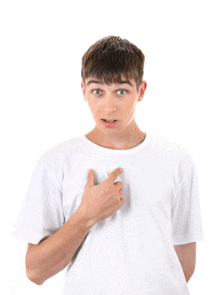 a young man in a white t-shirt points to his chest