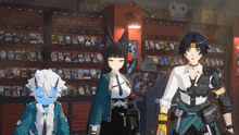 a group of anime characters are standing in front of a store with a sign that says storm267