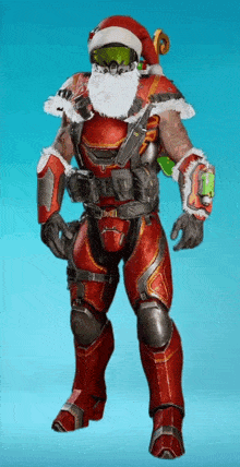 a man in a santa hat and armor is standing in front of a blue sky