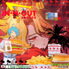 a picture of a girl holding a hamburger in front of an in-n-out burger sign