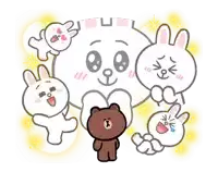 a cartoon drawing of a brown bear surrounded by rabbits and a moon