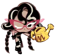 a girl with glasses is holding a yellow watering can