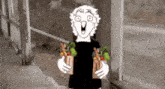a cartoon of a person holding two bags of vegetables .