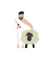 a man with a beard is holding a large knife over a sheep