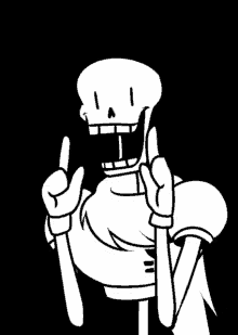 a black and white drawing of a skeleton making a peace sign with his fingers .