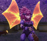 a purple and orange anime character with glowing wings and horns