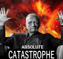 a man with his hands up in front of an absolute catastrophe