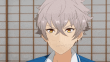 a boy with gray hair and orange eyes is wearing a blue jacket and tie