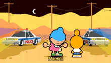 a pixel art drawing of a girl and a boy standing in front of a police car that says mama