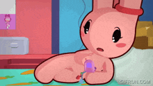 a cartoon rabbit is laying on the floor with a purple object in its hand and the website gifrun.com is visible below it