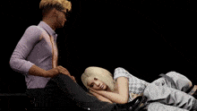 a man petting a woman laying on a bed with the words good night written on the bottom