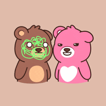 a brown teddy bear and a pink teddy bear with a heart on their chests