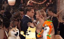 a doge wearing a pumpkin wig stands next to a man and woman dancing