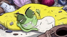 a cartoon frog wearing sunglasses is laying on the ground .