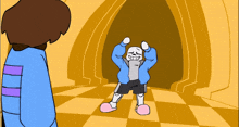 a cartoon drawing of a skeleton dancing in front of a girl
