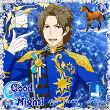 a picture of a man and a horse with the words good night written on it
