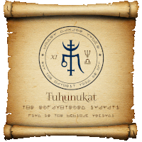a scroll that says ' tuhanukat ' on the top