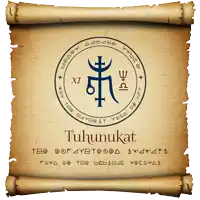 a scroll that says ' tuhanukat ' on the top
