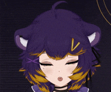 a close up of a cartoon character with a letter v on her head