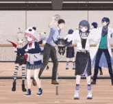 a group of anime characters are dancing in front of a mirror with one of them wearing a panda hat