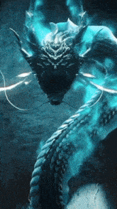 a blue snake with horns is swimming in a dark cave