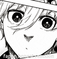 a black and white drawing of a boy with the words fanon honest reaction written below it