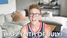 a man wearing glasses and a basketball jersey says " happy 4th of july "