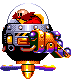a pixel art drawing of a robot with a helmet on it .