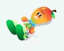 a cartoon illustration of a mango laying on its back with a controller .