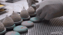 a bunch of macarons are being made in a bakery