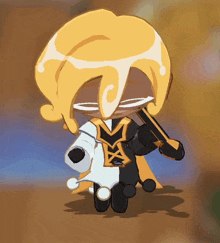 a cartoon character with a yellow hair and a black cape