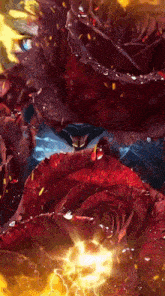 a close up of a red rose with water drops on it and a light coming out of it