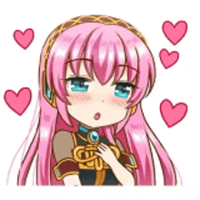 a sticker of a girl with pink hair and hearts around her .