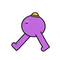 a purple cartoon character is walking with a yellow hat on his head