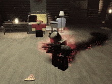 a video game character is standing in a living room with a pizza on the floor