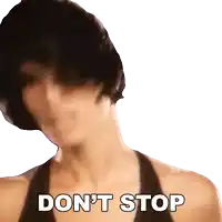 a woman 's face is obscured by a sticker that says " do n't stop "