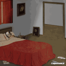 a cartoon of a man laying on a bed with a cup of coffee