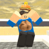 a cartoon character with a hamburger on his head is standing on a sidewalk .