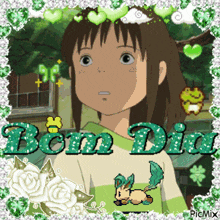 a picture of a girl with the word bom dia written on it