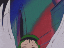 a cartoon angel with green hair and white wings holding a piece of paper