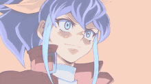 a drawing of a girl with blue hair and a red jacket