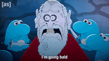 a cartoon says i 'm going bald in front of a group of blue monsters