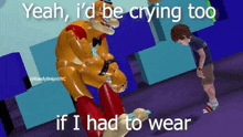 a cartoon of a boy kneeling down next to a stuffed animal that says yeah