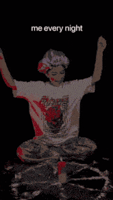 a woman wearing a t-shirt that says " me every night "