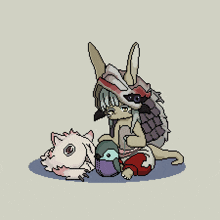 a pixel art drawing of a rabbit with a bird on its back