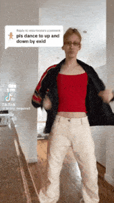 a woman in a red top and white pants is dancing on a tiktok video