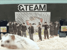 a group of people are standing in front of a sign that says & team