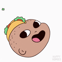 a cartoon of a man with a taco on his head says happy homies on the bottom